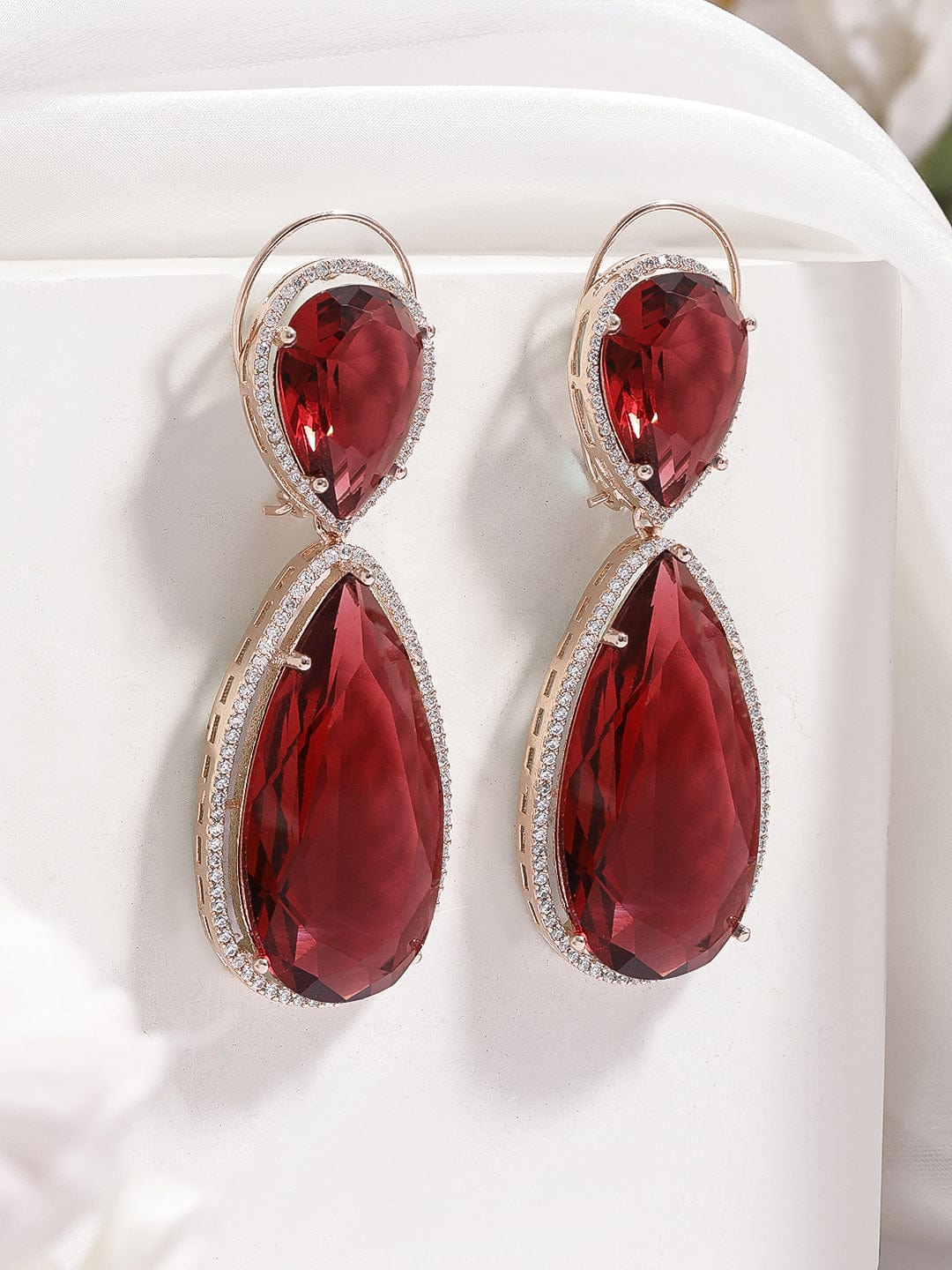 Rubans 18K Gold-Plated Ruby Red & Cubic Zirconia Studded Premium Drop Earrings Drop Earrings