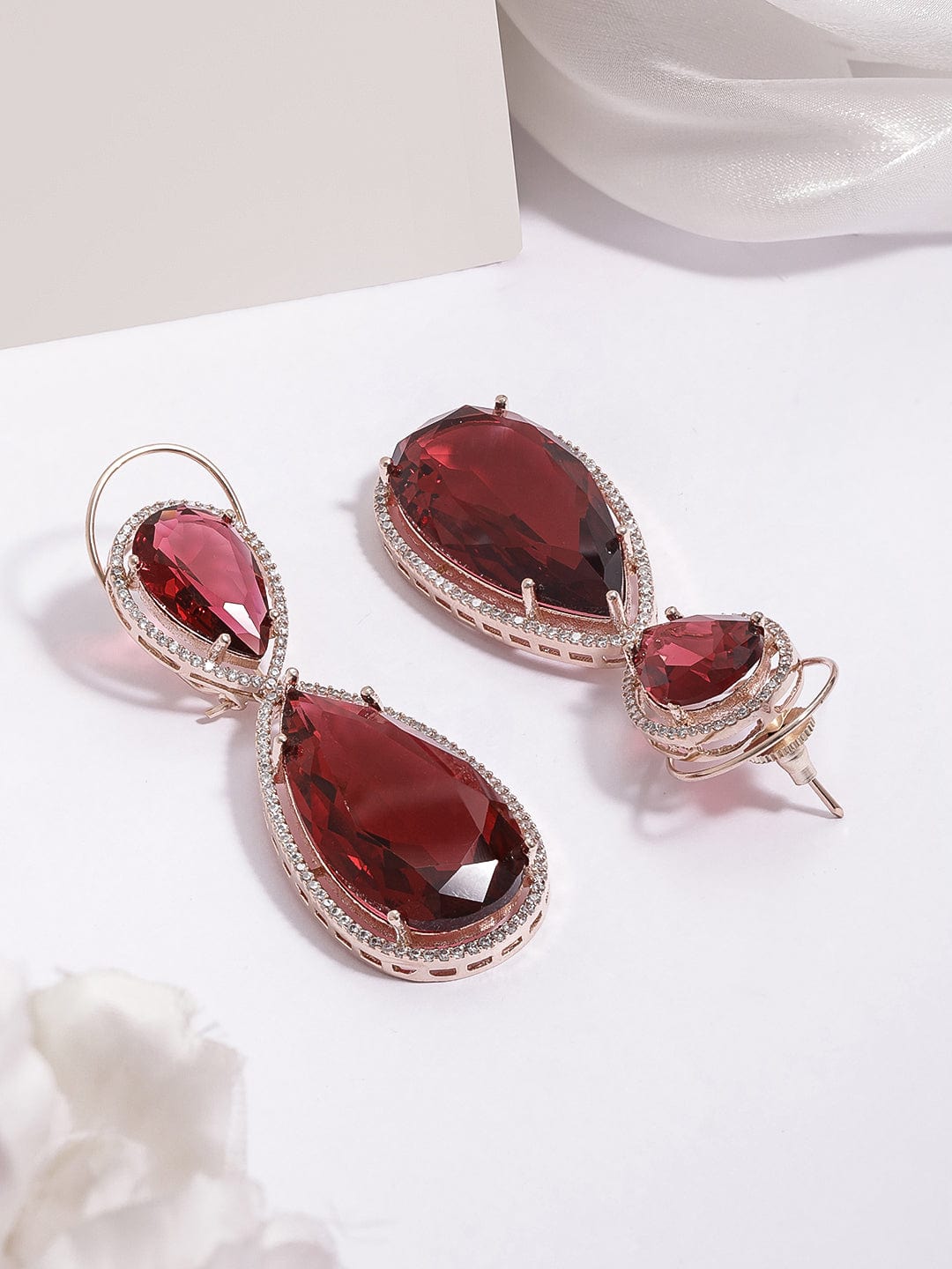 Rubans 18K Gold-Plated Ruby Red & Cubic Zirconia Studded Premium Drop Earrings Drop Earrings