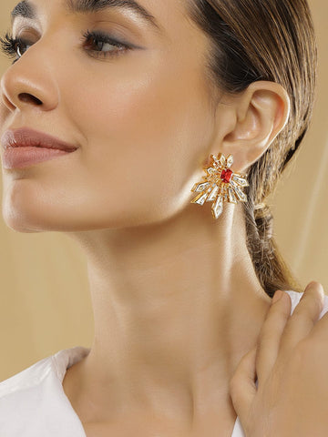 Rubans 18K Gold-Plated Ruby Red & Cubic Zirconia Studded Statement Stud Earrings Stud Earrings