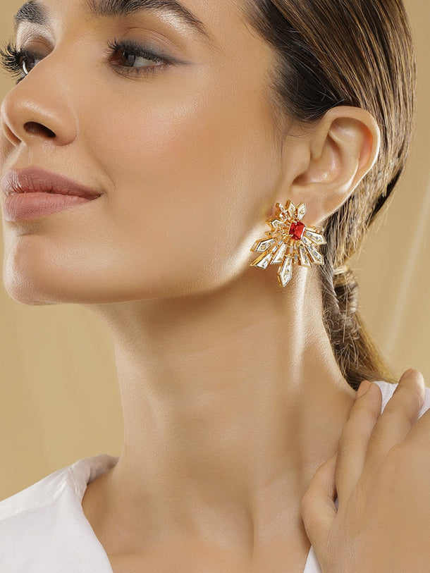 Rubans 18K Gold-Plated Ruby Red & Cubic Zirconia Studded Statement Stud Earrings Stud Earrings