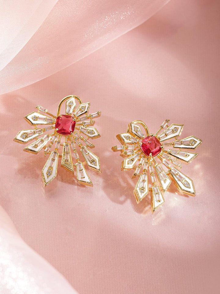 Rubans 18K Gold-Plated Ruby Red & Cubic Zirconia Studded Statement Stud Earrings Stud Earrings