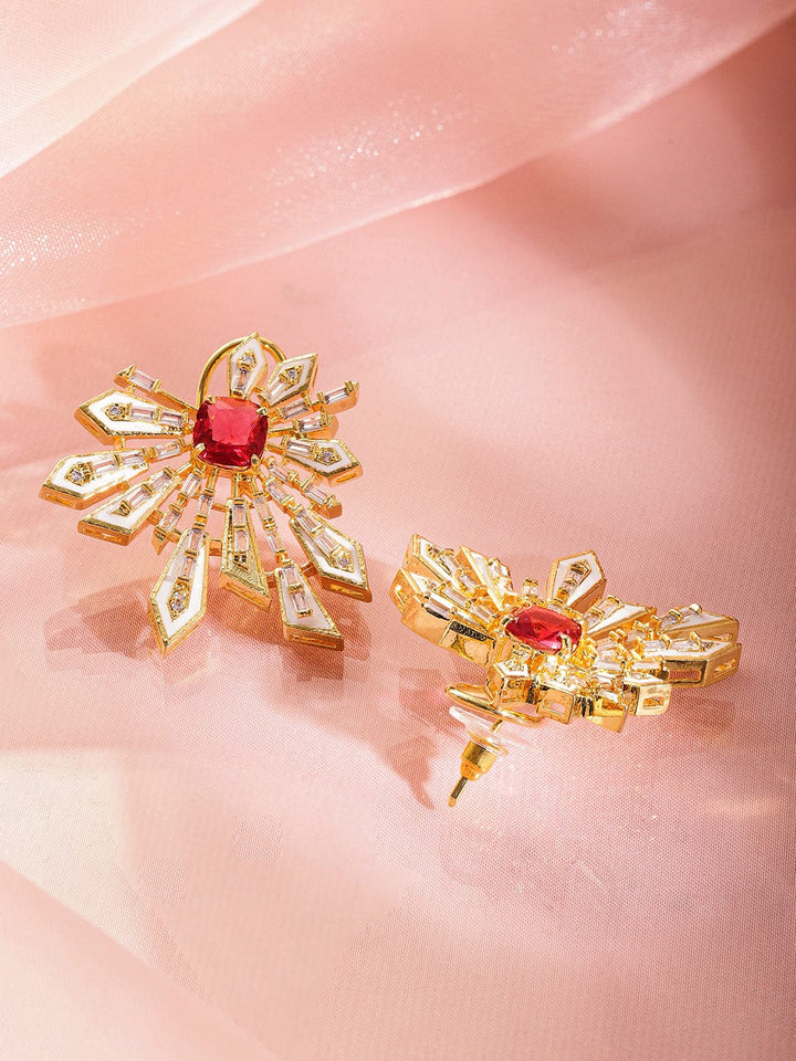 Rubans 18K Gold-Plated Ruby Red & Cubic Zirconia Studded Statement Stud Earrings Stud Earrings