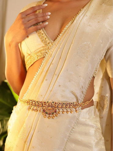 Rubans 18K Gold-Plated Ruby Red & Emerald Green Stone-Studded Traditional Kamarbandh Saree Accessories