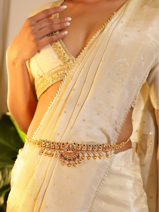 Rubans 18K Gold-Plated Ruby Red & Emerald Green Stone-Studded Traditional Kamarbandh Saree Accessories