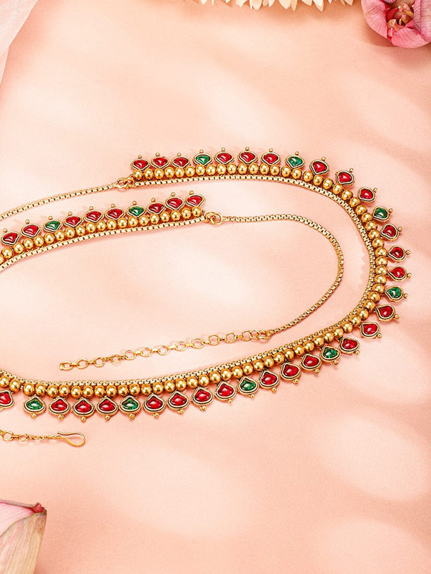 Rubans 18K Gold-Plated Ruby Red & Emerald Green Stone-Studded Traditional Kamarbandh Saree Accessories