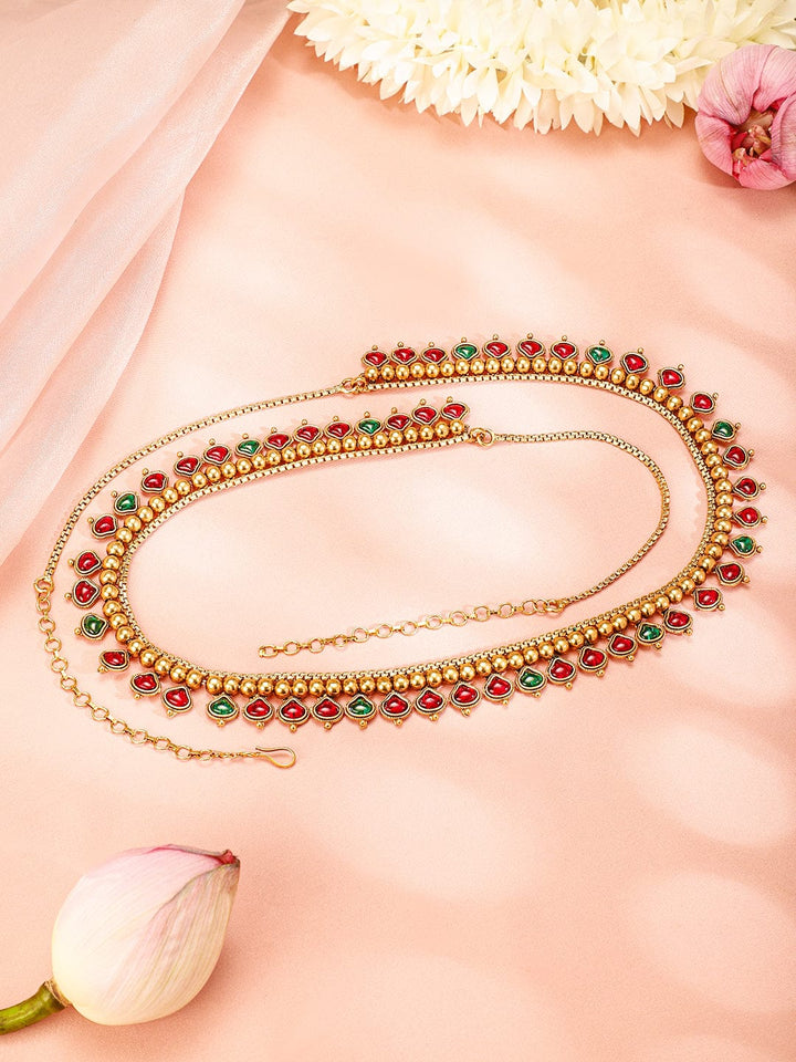 Rubans 18K Gold-Plated Ruby Red & Emerald Green Stone-Studded Traditional Kamarbandh Saree Accessories