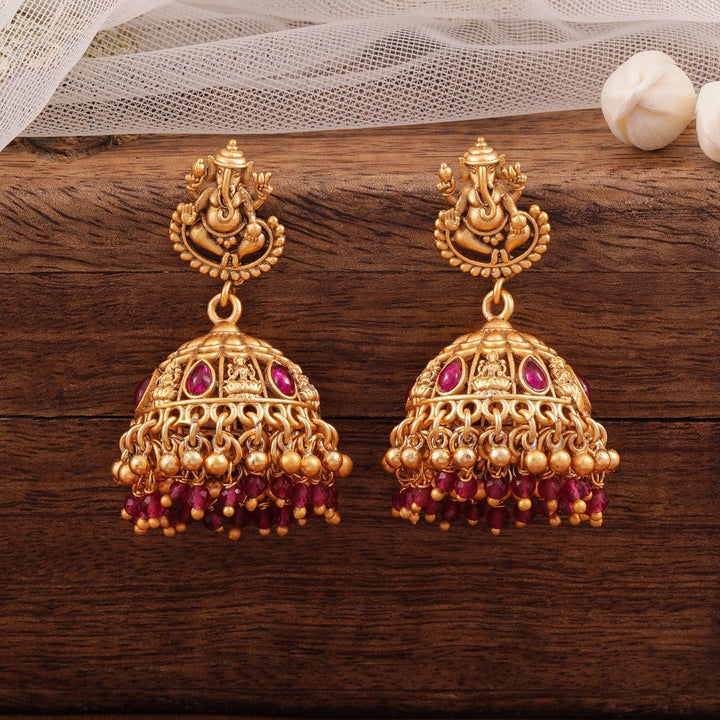 Rubans 18K Gold-Plated Ruby Stone & Beaded Divine Ganesha Temple Jhumka Earrings Earrings