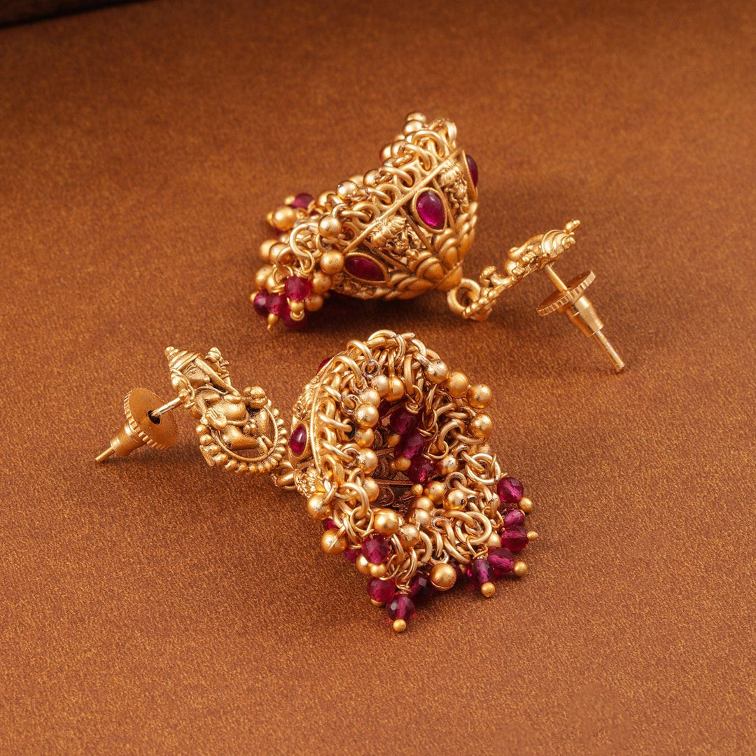 Rubans 18K Gold-Plated Ruby Stone & Beaded Divine Ganesha Temple Jhumka Earrings Earrings