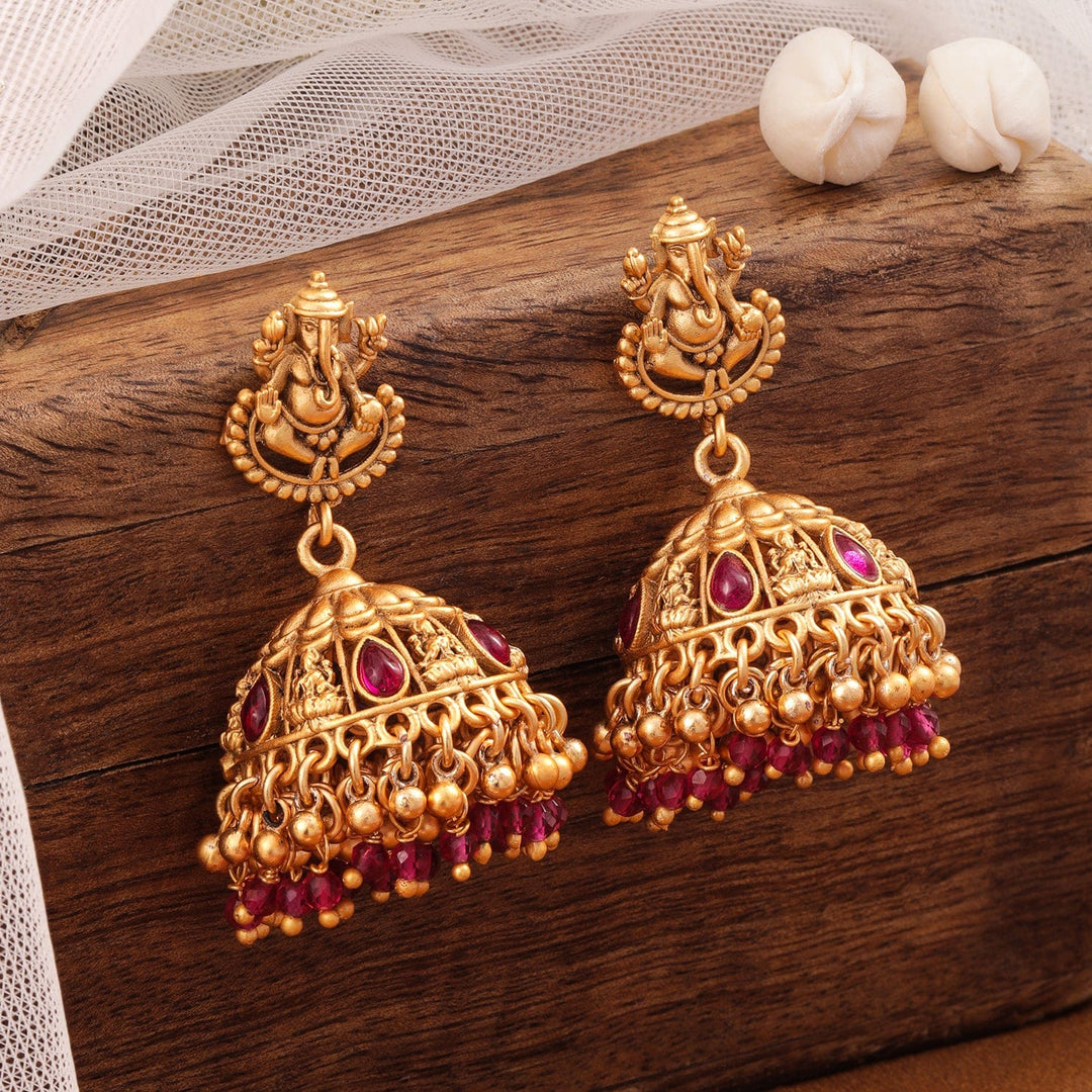 Rubans 18K Gold-Plated Ruby Stone & Beaded Divine Ganesha Temple Jhumka Earrings Earrings