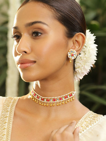 Rubans 18K Gold-Plated RubyPink & White Kundan Stone Choker Set with Gold Beaded Detailing Necklace Set