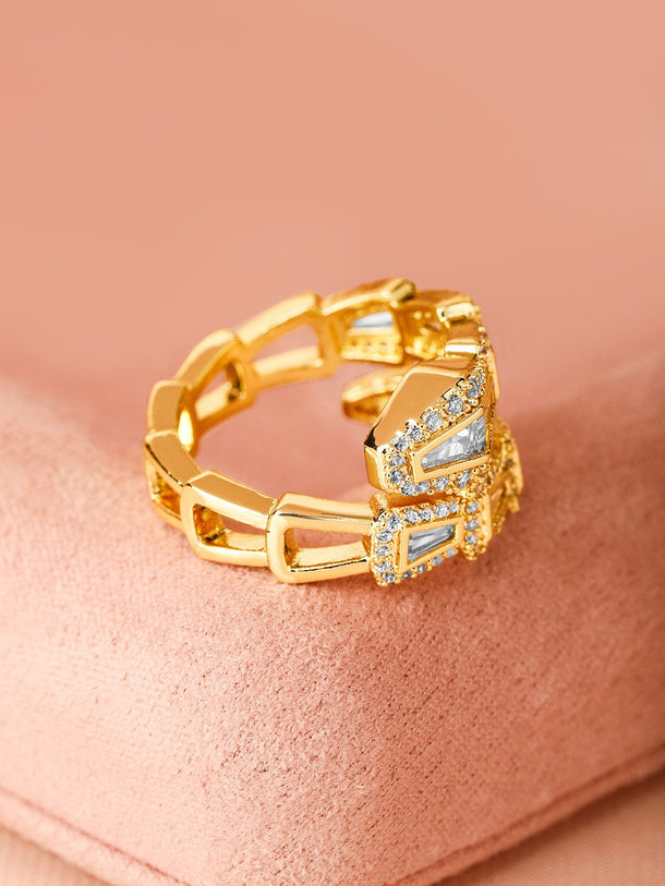 Rubans 18K Gold-Plated Serpent-Inspired Cubic Zirconia Studded Adjustable Ring Rings
