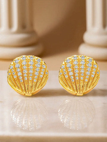 Rubans 18K Gold-Plated Shell Motif Clip-On Earrings with Sparkling Cubic Zirconia Accents Earrings