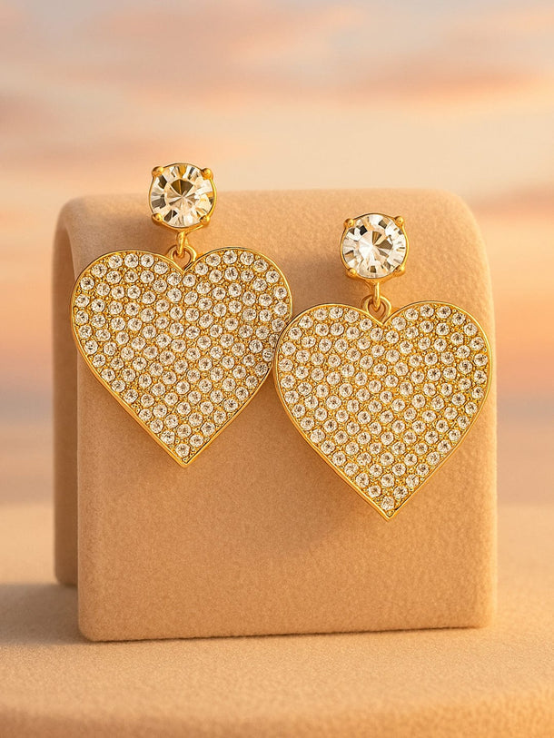 Rubans 18K Gold-Plated Shimmery AD & Cubic Zirconia Studded Heart Dangle Earrings Earrings
