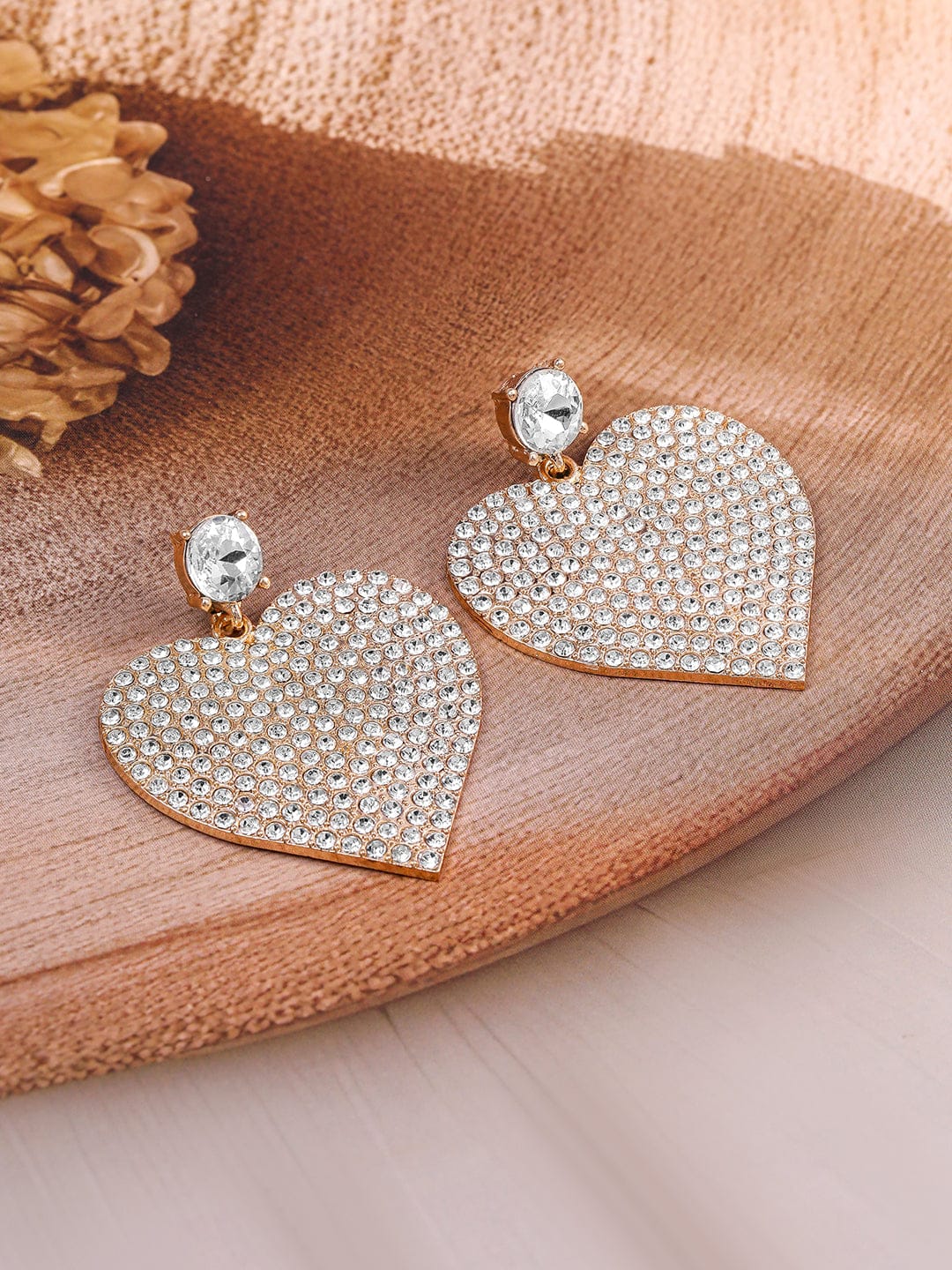 Rubans 18K Gold-Plated Shimmery AD & Cubic Zirconia Studded Heart Dangle Earrings Earrings