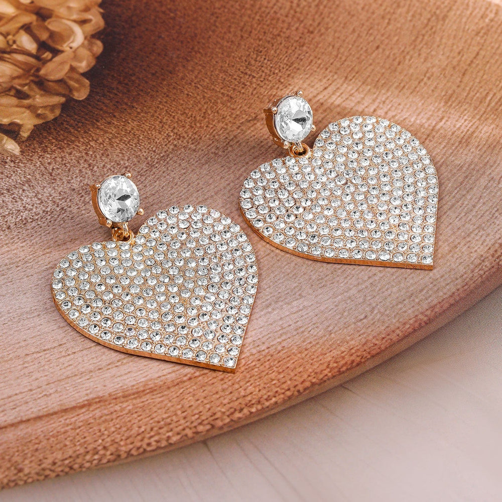 Rubans 18K Gold-Plated Shimmery AD & Cubic Zirconia Studded Heart Dangle Earrings Earrings