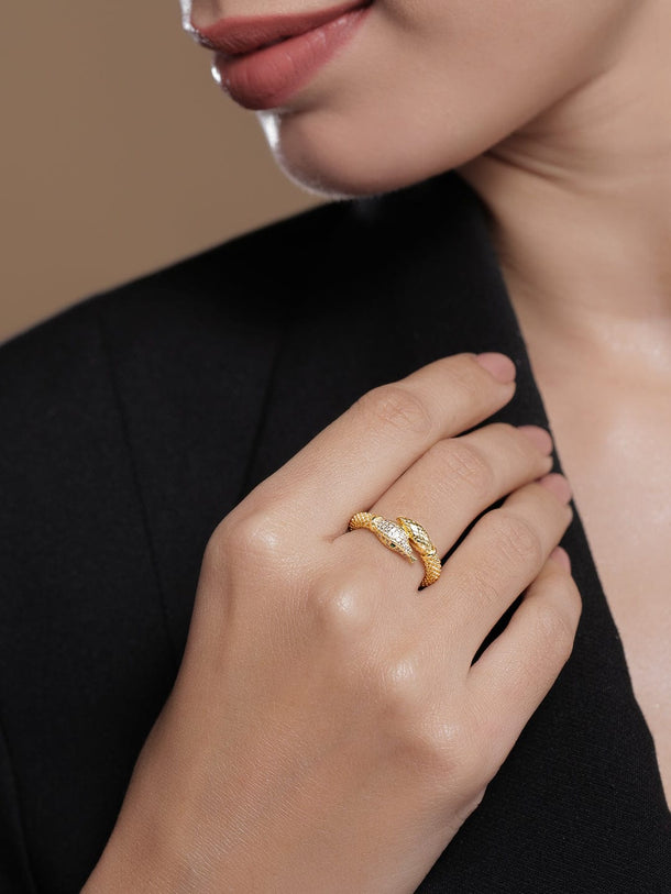 Rubans 18K Gold Plated Snake Design Cubic Zirconia Studded Adjustable Ring Rings