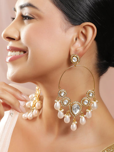 Rubans 18K Gold-Plated Sparkling Cubic Zirconia and White Pearl Drops Oversized Chandelier Earrings Earrings
