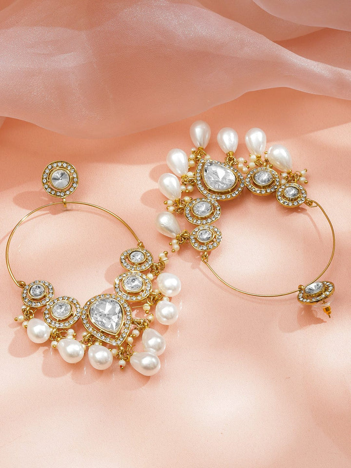 Rubans 18K Gold-Plated Sparkling Cubic Zirconia and White Pearl Drops Oversized Chandelier Earrings Earrings