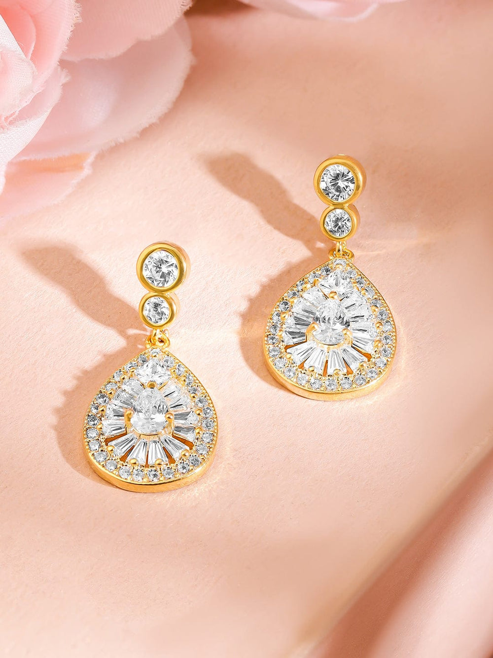 Rubans 18K Gold-Plated Sparkling Cubic Zirconia Studded Radiant Teardrop Earrings Earrings
