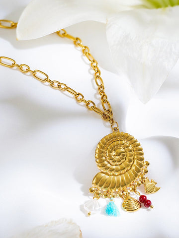 Rubans 18K Gold-Plated Spiral Shell Pendant Necklace with Multi-Coloured Beads & Charms Brass Chain Necklace and Chains