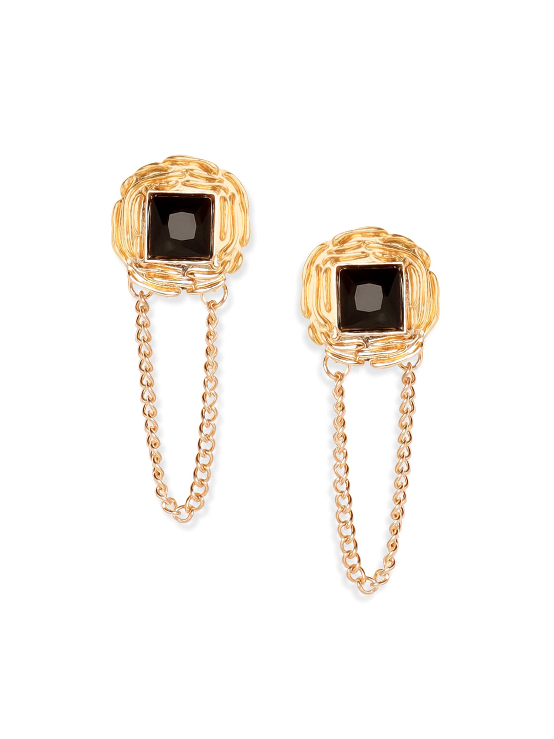 Rubans 18K Gold Plated Square Black Stone Studded Chain Earrings Stylish Statement Jewelry Drop Earrings