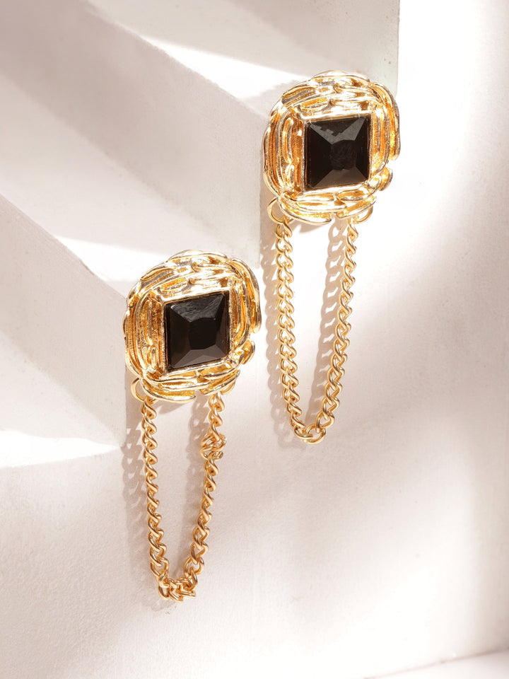 Rubans 18K Gold Plated Square Black Stone Studded Chain Earrings Stylish Statement Jewelry Drop Earrings