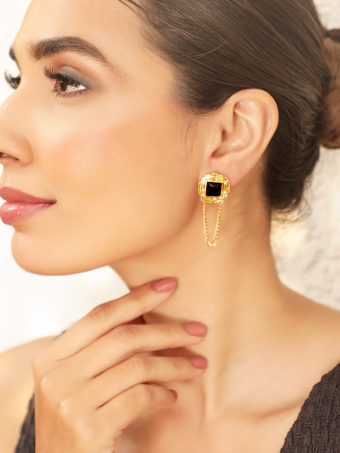 Rubans 18K Gold Plated Square Black Stone Studded Chain Earrings Stylish Statement Jewelry Drop Earrings