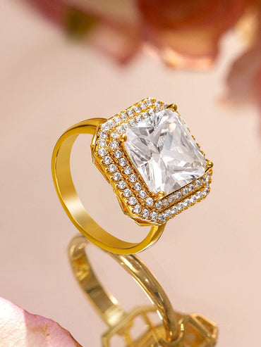 Rubans 18K Gold-Plated Square-Cut Cubic Zirconia Halo Design Adjustable Statement Ring Rings