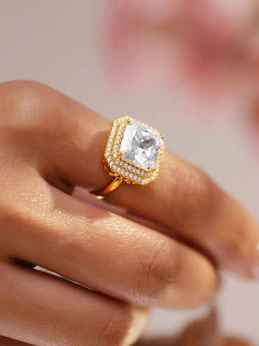 Rubans 18K Gold-Plated Square-Cut Cubic Zirconia Halo Design Adjustable Statement Ring Rings