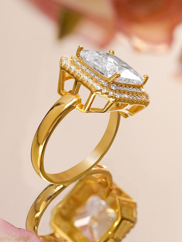 Rubans 18K Gold-Plated Square-Cut Cubic Zirconia Halo Design Adjustable Statement Ring Rings