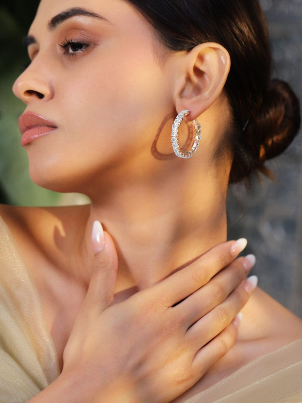 Rubans 18K Gold-Plated Square-Cut Cubic Zirconia Studded Hoop Earrings Earrings