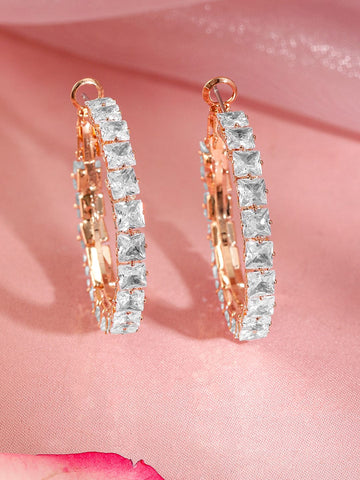 Rubans 18K Gold-Plated Square-Cut Cubic Zirconia Studded Hoop Earrings Earrings