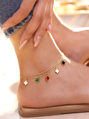 Rubans 18K Gold-Plated Stainless Steel Tarnish-Free Waterproof Anklet with Dual Chain Design & Mother of Pearl Clover Charms Anklet