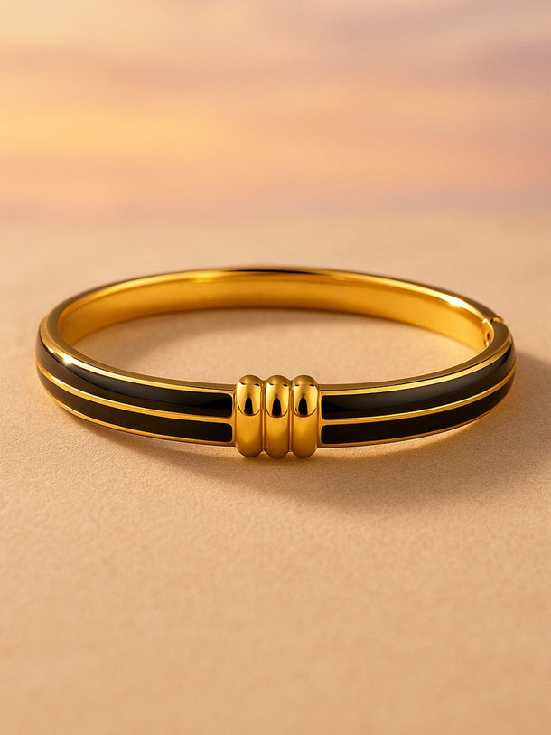 Rubans 18K Gold-Plated Stainless Steel Tarnish-Free Waterproof Black Enamel Openable Bracelet Bracelets