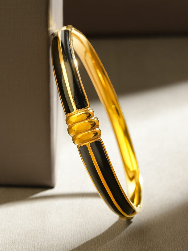 Rubans 18K Gold-Plated Stainless Steel Tarnish-Free Waterproof Black Enamel Openable Bracelet Wristwear