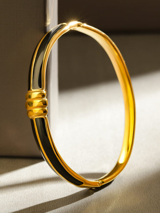 Rubans 18K Gold-Plated Stainless Steel Tarnish-Free Waterproof Black Enamel Openable Bracelet Wristwear