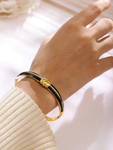 Rubans 18K Gold-Plated Stainless Steel Tarnish-Free Waterproof Black Enamel Openable Bracelet Wristwear