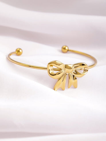 Rubans 18K Gold Plated Stainless Steel Tarnish-Free Waterproof Bowknot Cuff Bracelet Wristwear