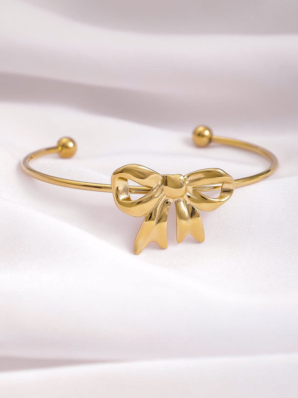 Rubans 18K Gold Plated Stainless Steel Tarnish-Free Waterproof Bowknot Cuff Bracelet Wristwear