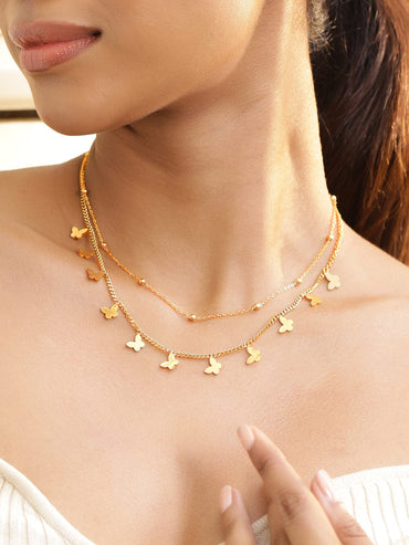 Rubans 18K Gold-Plated Stainless Steel Tarnish-Free Waterproof Butterfly Layered Necklace Chain & Necklace