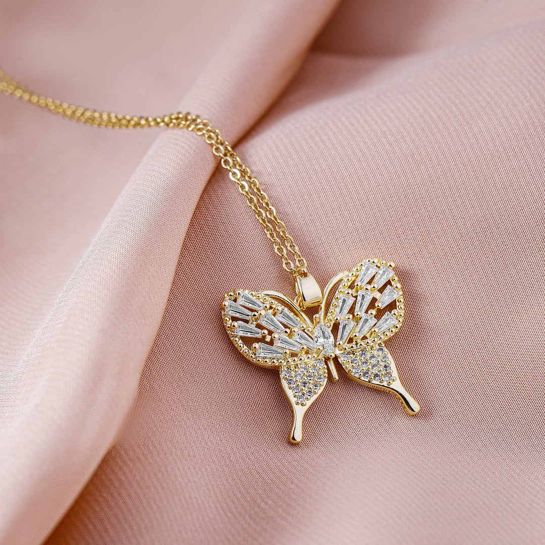 Rubans 18K Gold Plated Stainless Steel Tarnish-Free Waterproof CZ Studded Butterfly Necklace Necklace & Chains