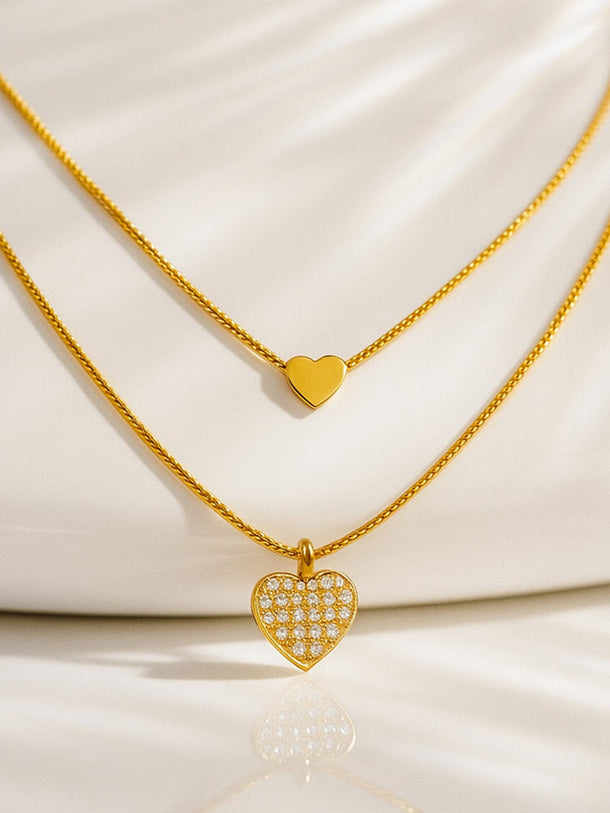 Rubans 18K Gold-Plated Stainless Steel Tarnish-Free Waterproof Double-Layer Heart & AD Stone Necklace Necklace & Chains