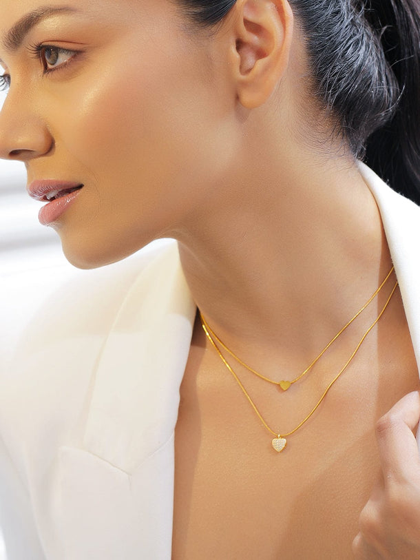 Rubans 18K Gold-Plated Stainless Steel Tarnish-Free Waterproof Double-Layer Heart & AD Stone Necklace Necklace & Chains