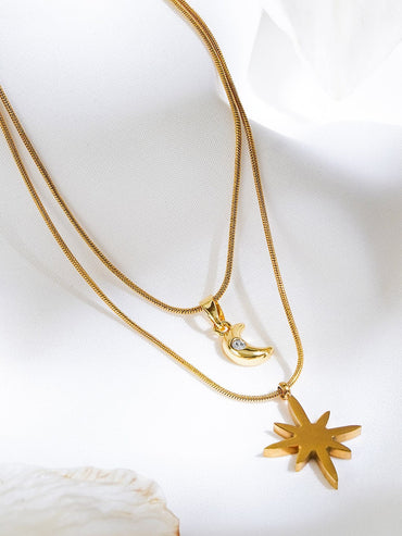 Rubans 18K Gold-Plated Stainless Steel Tarnish-Free Waterproof Double Layer Necklace with Moon & Star Charm Necklace and Chains