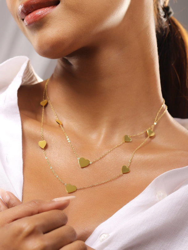 Rubans 18K Gold-Plated Stainless Steel Tarnish-Free Waterproof DoubleLayer Heart Necklace Chain & Necklace
