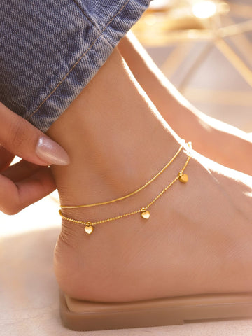 Rubans 18K Gold-Plated Stainless Steel Tarnish-Free Waterproof Dual-Layer Anklet with Heart Charms Anklet