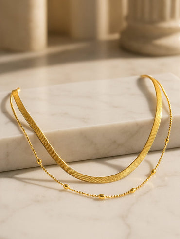 Rubans 18K Gold-Plated Stainless Steel Tarnish-Free Waterproof Dual-Layer Beaded Chain Design Necklace Chain & Necklace