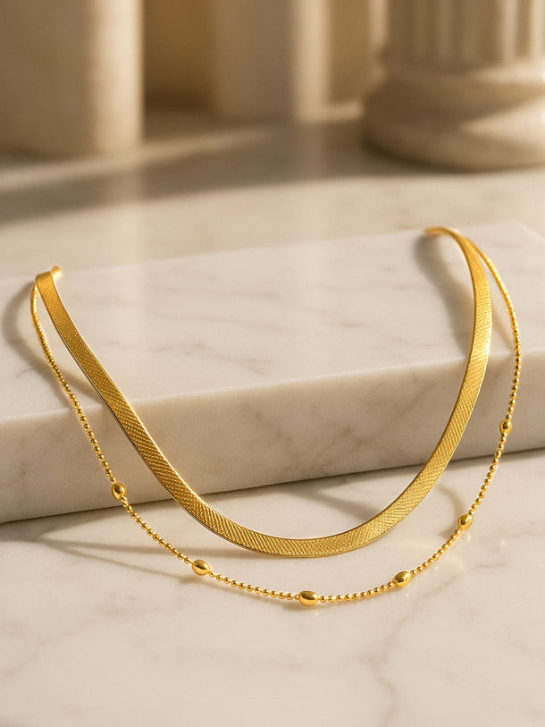 Rubans 18K Gold-Plated Stainless Steel Tarnish-Free Waterproof Dual-Layer Beaded Chain Design Necklace Chain & Necklace