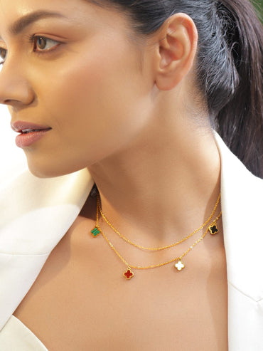 Rubans 18K Gold-Plated Stainless Steel Tarnish-Free Waterproof Dual Layer Necklace with Multicolor Clover Charms Necklace & Chains