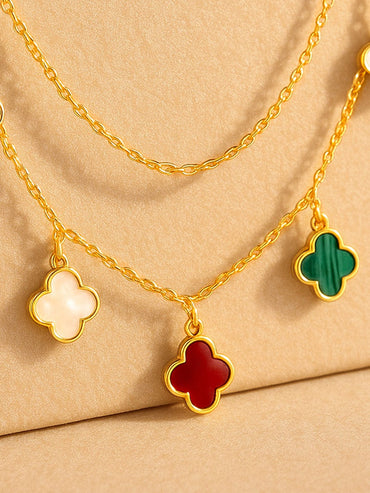 Rubans 18K Gold-Plated Stainless Steel Tarnish-Free Waterproof Dual Layer Necklace with Multicolor Clover Charms Necklace & Chains